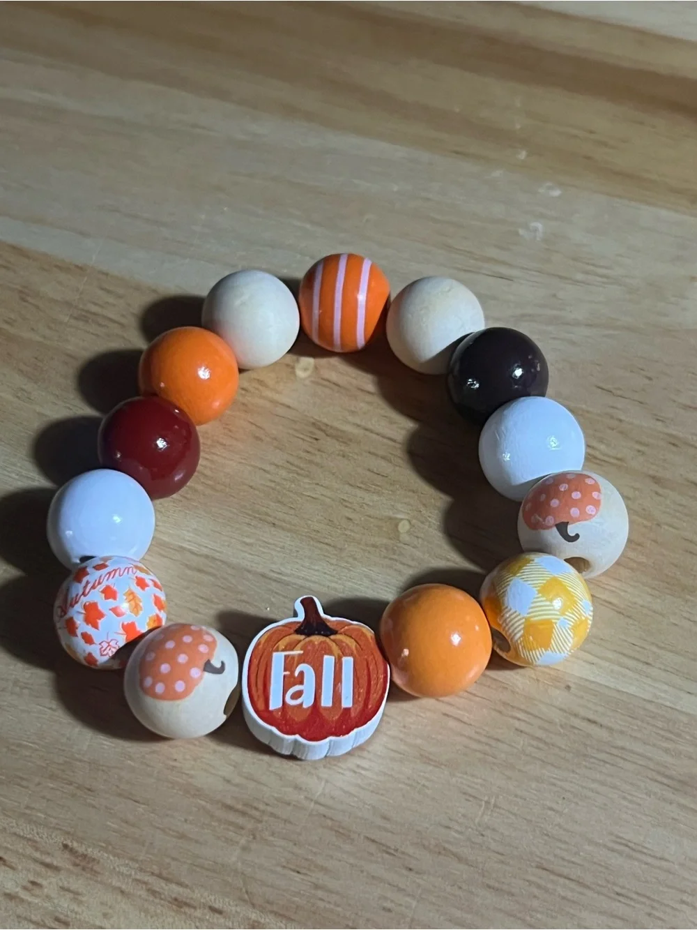 Kids Fall Beaded Stretch Bracelet - Orange, White, Brown B256